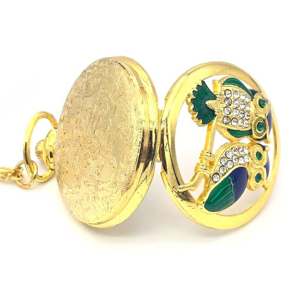 Twin Owls Pocket Watch - Gift for Bird Lovers Gold Owl Pendant Costume Jewelry - Picture 4 of 10